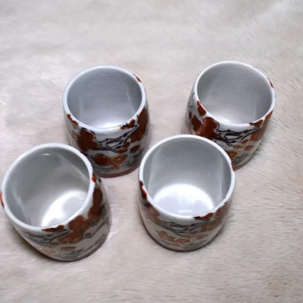 Vintage Kutani Style Hand Painted Asian Tea Cups Sake Set of 4 Japan